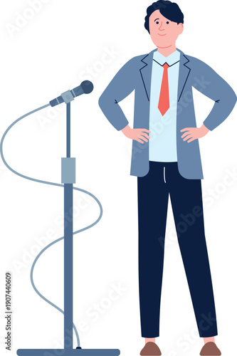 Public speech icon. Man in corporate clothes standing with microphone