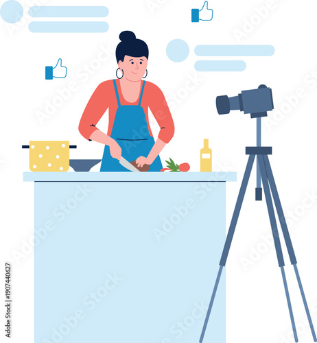Woman record food preparation. Culinary vlog concept