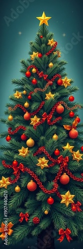 Vintage-inspired illustration of a majestic evergreen tree with ornaments and garland, artistic, illustration