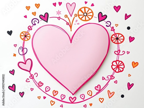 Whimsical hand-drawn design featuring a stylized pink heart surrounded by playful patterns, gifts, trendy