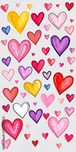 Whimsical hand-drawn heart illustrations in various colors and sizes, delicate, playful