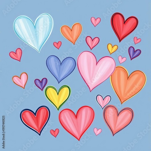 Whimsical hand-drawn hearts with varying sizes and colors, fantasy, playful