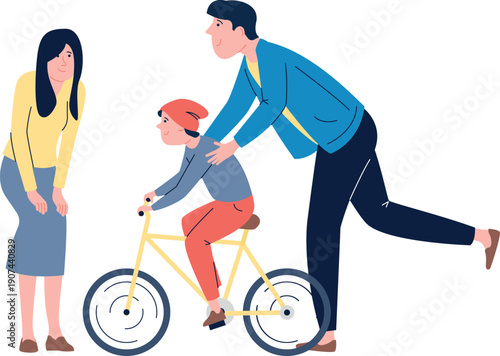 Dad teach kid riding bicycle. Happy family together