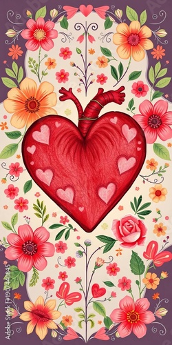 Whimsical heart illustration surrounded by floral patterns, vector, heart