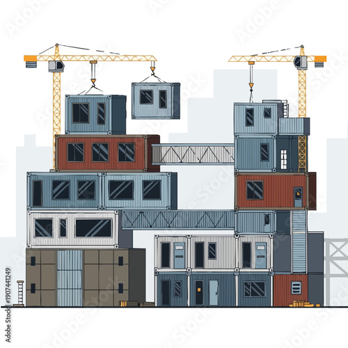 Shipping Container Modular Building Construction by Cranes. Modern Cargo Architecture and Urban Development Illustration.