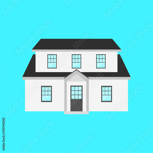 Illustration of a White Color House with Black Roof and Front Porch