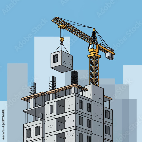 Tower Crane Lifting Concrete Module onto High-Rise Building Under Construction. Modern Modular Housing Development Illustration.