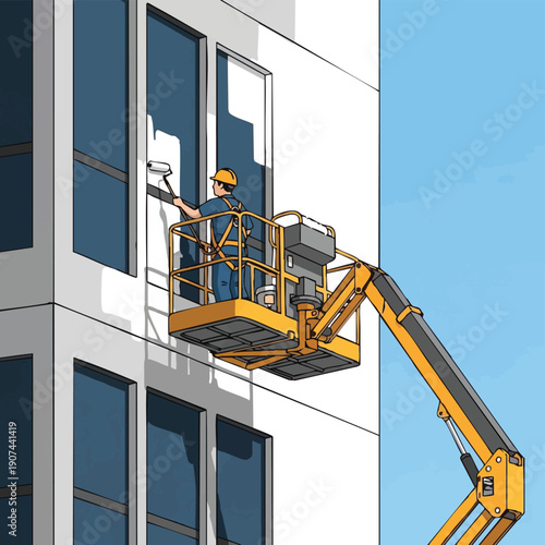 Construction worker painting exterior wall of skyscraper from aerial work platform (boom lift) illustration.
