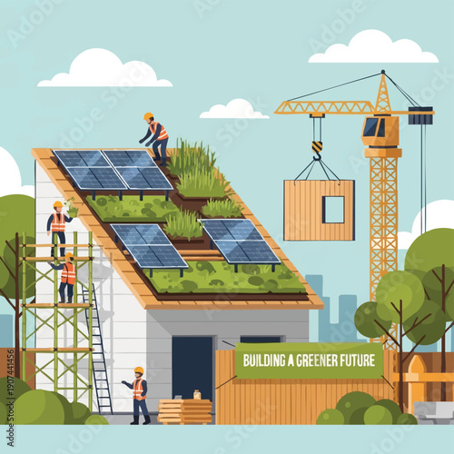 Sustainable Construction Project: Workers Install Solar Panels and Living Green Roof. Eco-Friendly Building Future Illustration.