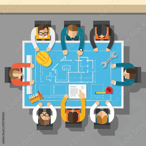Construction Team Planning Meeting: Engineers and Architects Reviewing Blueprint on Table. Flat Design Vector Illustration of Project Collaboration.