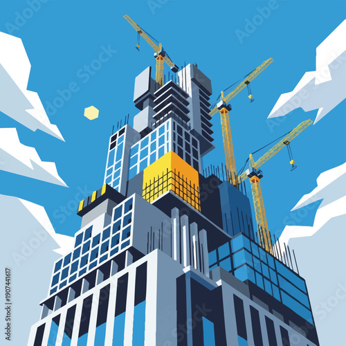 Vector Illustration of a skyscraper under construction with multiple tower cranes against a blue sky. Dynamic, upward perspective of urban development and modern architecture.