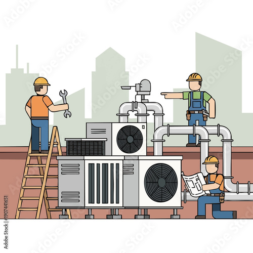 HVAC Maintenance Team Installing Rooftop Air Conditioning Units. Industrial Repair Service Illustration.