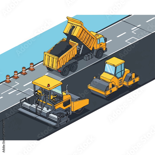 Isometric Road Construction: Asphalt Paving Team with Paver, Dump Truck, and Roller.