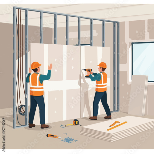 Drywall installation by construction workers. Crew building interior metal stud wall framework. Home renovation and plasterboard concept illustration.