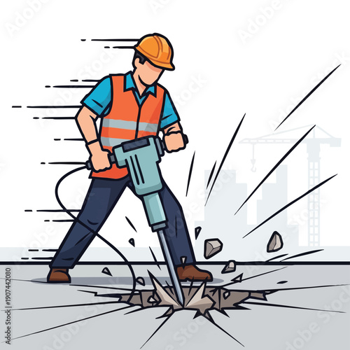Construction Worker Operating Jackhammer Breaking Concrete Pavement. Demolition, Roadwork, and Industrial Labor Vector Illustration