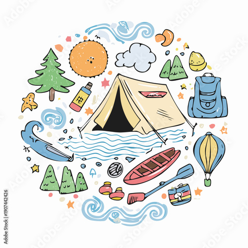 Hand drawn camping and outdoor adventure elements in a circular composition.
