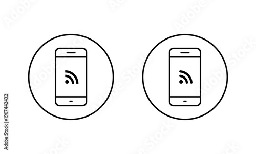 RSS feed mobile phone screen icon in circular outline. Internet syndication symbol in smartphone display
