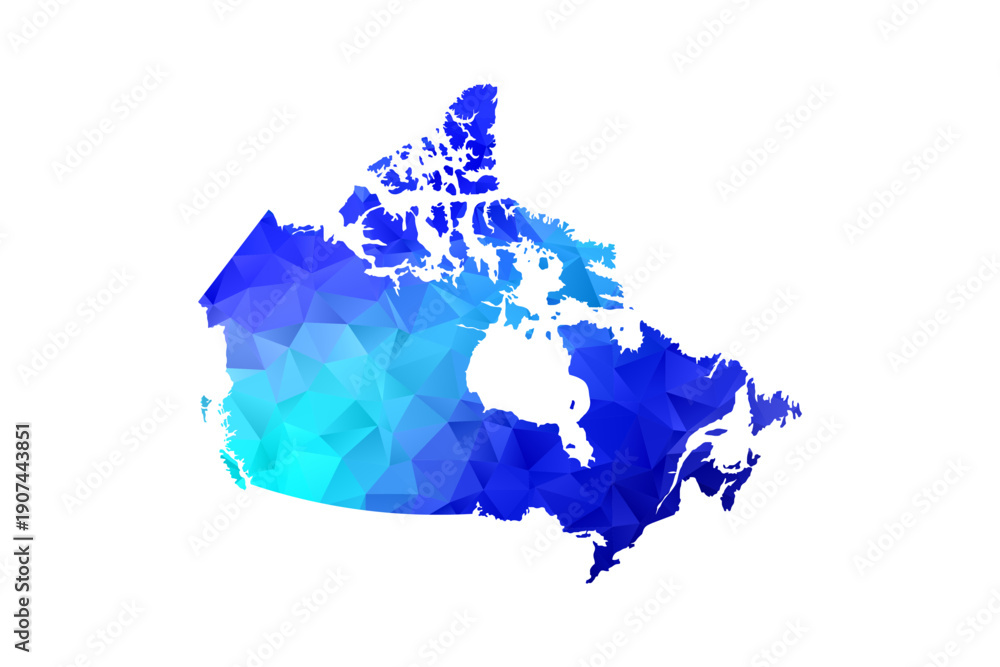 Naklejka premium Canada map - Polygon Style Vector Illustration in Blue Gradient, Low Poly Geometric Design, Isolated on White Background, Perfect for Infographics, Education, and Modern Presentations.