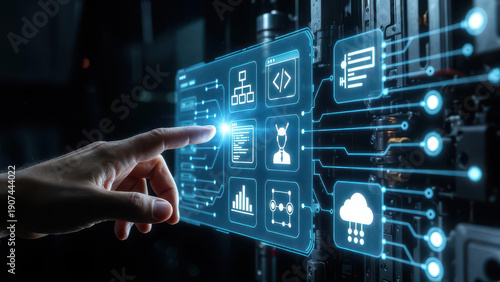 Hand interacts with futuristic digital interface displaying icons related to technology, data, and cloud computing. glowing blue interface suggests innovation and advanced technology