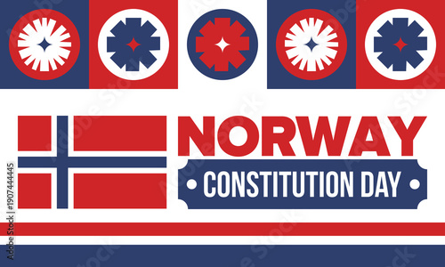 Norway Constitution Day. Happy holiday, celebrated annual in May 17. Norwegian flag. Norway independence and freedom. Patriotic poster. Festive and parade design. Vector illustration