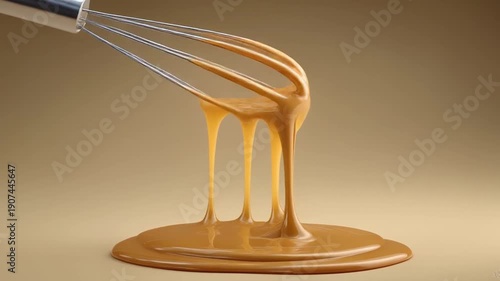 Whisk dripping liquid, caramel or sauce, against brown backdrop. Liquid flows downward creating a smooth puddle