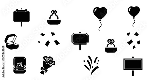 A collection of black and white icons representing elements of a wedding or celebration, including rings, balloons, signs, and confetti.