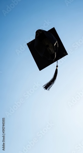 A traditional black academic mortarboard cap is launched high into the bright blue sky during a joyful graduation celebration event, commencement, student, happy
