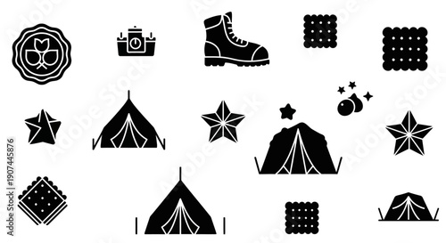 Collection of camping and outdoor adventure icons including tents, boots, stars, and food items.