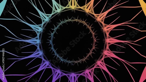 A black background with a gradient ring of abstract branching shapes encircling a black void