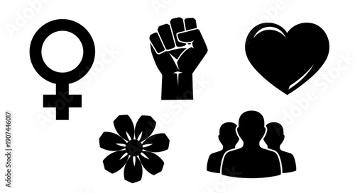 A collection of black silhouette icons representing feminism, solidarity, love, nature, and community, arranged on a white background.