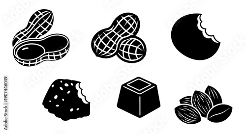 A collection of black and white icons representing various food items including peanuts, cookies, chocolate, and almonds.
