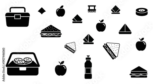 A collection of black and white icons representing lunch items, including lunchboxes, sandwiches, apples, and water bottles, arranged scattered across a white background.
