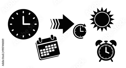 Visual representation of time management, scheduling, and the passage of time, featuring clocks, a calendar, and the sun.