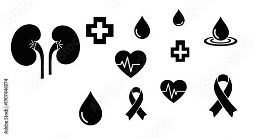 Collection of medical and health-related icons including kidneys, heartbeats, crosses, water drops, and awareness ribbons.