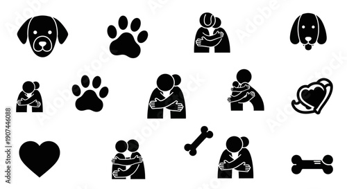 A collection of black and white icons representing love, companionship, and pets, featuring dog faces, paw prints, hearts, and embracing figures.
