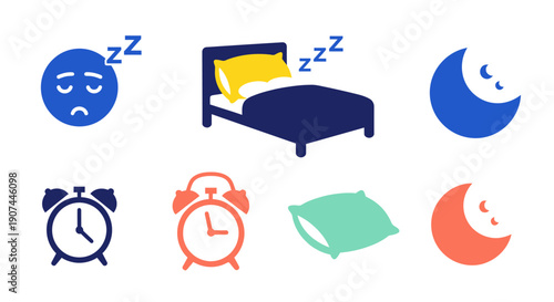Collection of sleep-related icons including a tired face, bed, moon, and alarm clocks.