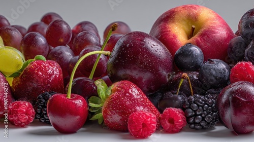 Assorted fresh berries and fruits including cherries strawberries blackberries and apples