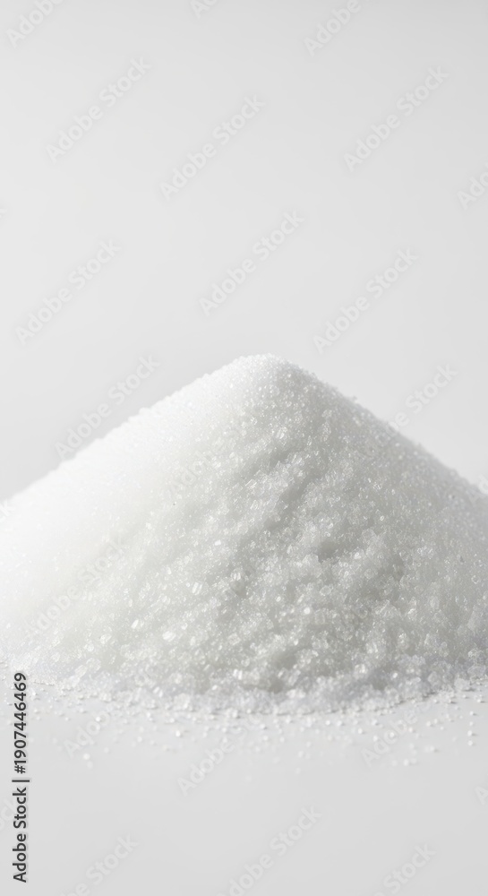 Fototapeta premium Essential white superfine granulated sugar ingredient captured in a pile, crucial for creating light and fluffy sponge cake batter, macro, delicious, close-up
