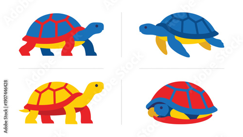 Colorful Vector Turtle and Tortoise Icons Set. Flat Design Illustrations of Aquatic and Land Chelonians in Various Poses