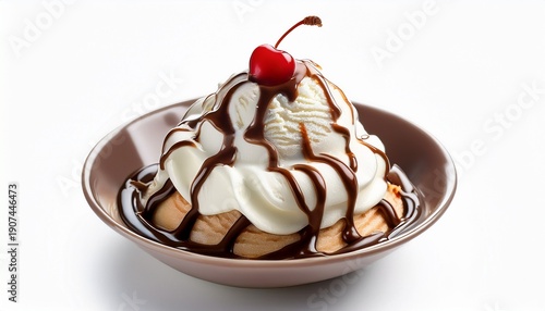 Sundae With Ice Cream Whipped Cream Chocolate Sauce And A Cherry On White