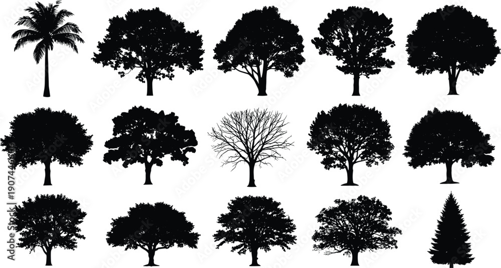 Fototapeta premium Tree silhouettes collection, diverse foliage shapes , nature landscape botany environment design artwork concept illustration set -flat vector illustration