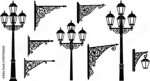 Vintage street lamp silhouettes collection, ornate wrought iron decorative poles lanterns wall mounted re design artwork illustration set -flat vector illustration