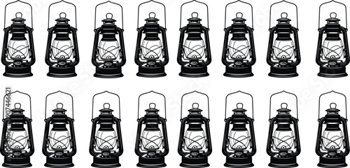 Vintage oil lantern silhouettes collection, classic lamp design retro lighting glass chamber metal frame handle detailed shading artwork concept illustration set -flat vector illustration