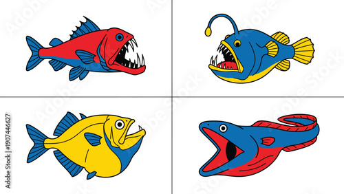 Aggressive Cartoon Fish Collection with Sharp Teeth - Colorful Marine Predators Illustration