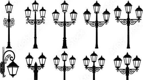 Vintage street lamp silhouettes, ornate lantern d lights, upright lamps, historical urban lighting elements, architectural visualization, flat vector illustration