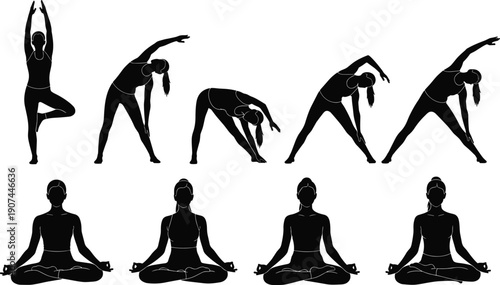 Yoga poses silhouettes collection, standing stretching relaxation spiritual growth exercise artwork design concept illustration set -flat vector illustration