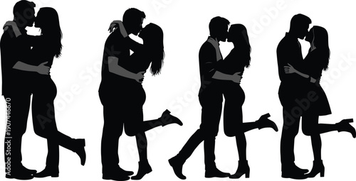Couple silhouettes kissing romantic embrace love relationship affection intimacy posture body language unity passion design artwork illustration set -flat vector illustration
