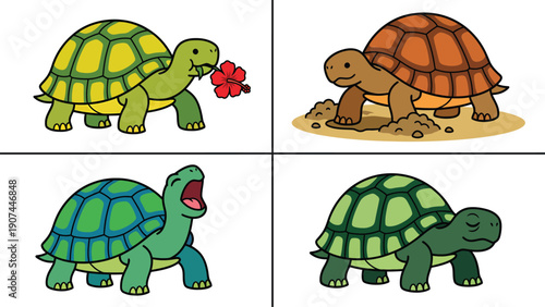 Cute Cartoon Tortoises Set: Holding Flower, Digging, Yawning, and Sleeping. Adorable Reptile Characters Illustration.