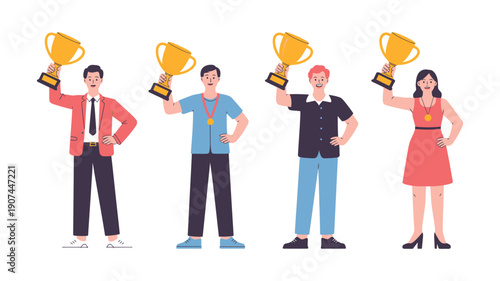 Four diverse people holding trophies and celebrating success with confidence and achievement