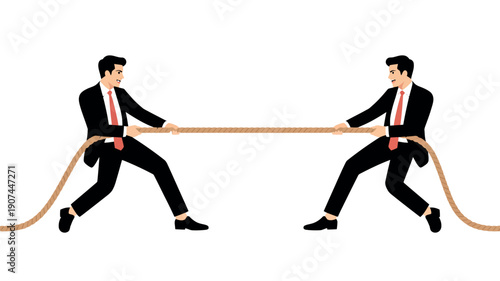 Two businessmen in a fierce tug-of-war competition on a white background